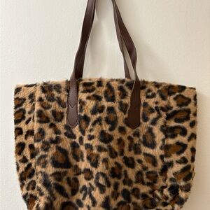 Fur Leopard Print Tote Bag with Brown Straps